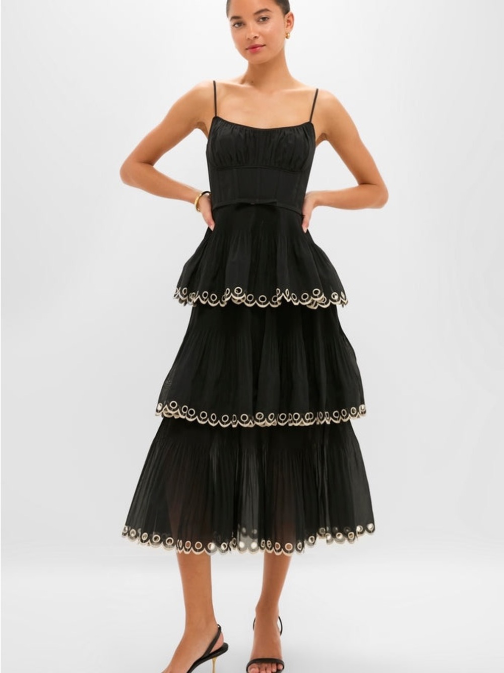 NWOT Zimmermann Black Tiered Spaghetti Strap Dress with Contrast Trim, Size AU 2